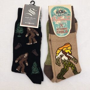Socksmith Crew Socks Lot of 2 Mens OS Black Tan Bigfoot Sasquatch Outlands